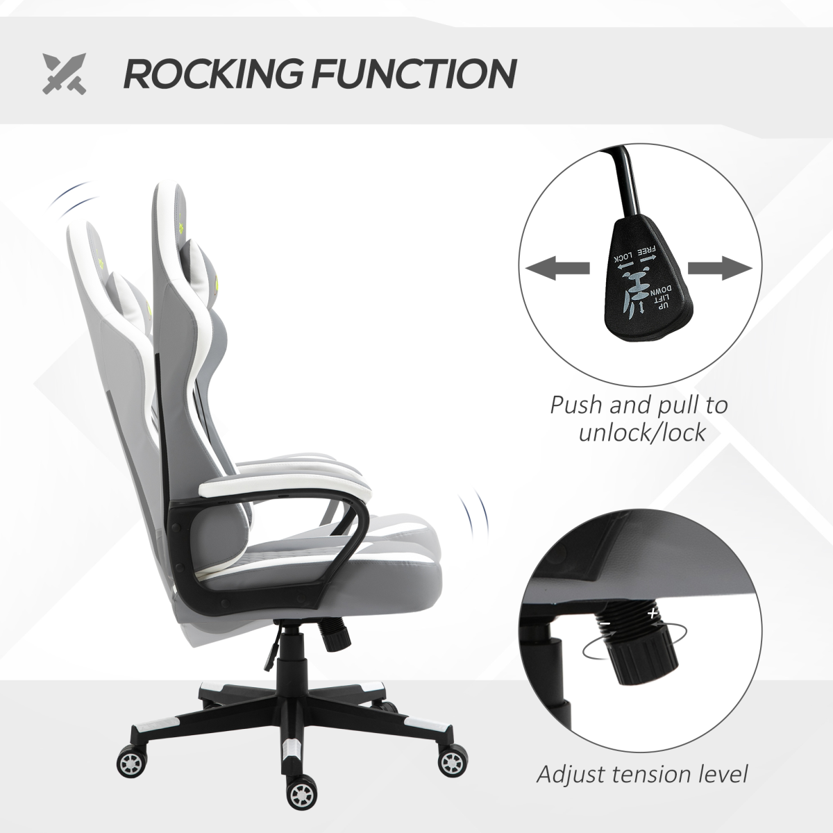 Racing Gaming Chair with Lumbar Cushion & Headrest Pillow, Height Adjustable – PVC Leather Study Chair, Grey & White