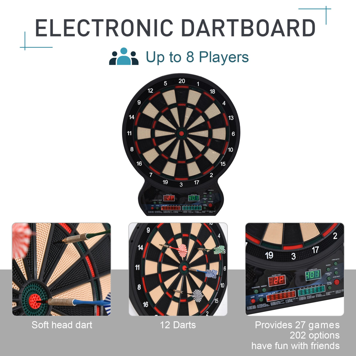 HOMCOM Electronic Dartboard with LED Digital Scoring, 27 Games & 12 Soft Darts – Ready-to-Play, Up to 8 Players