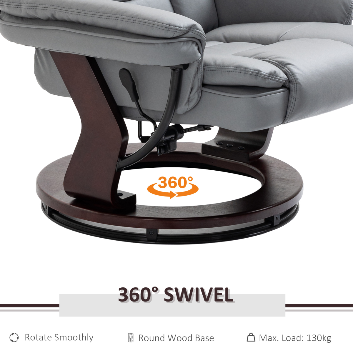Swivel Manual Recliner & Footrest Set – 135° Recline PU Leather Lounge Chair with Wooden Base, Grey