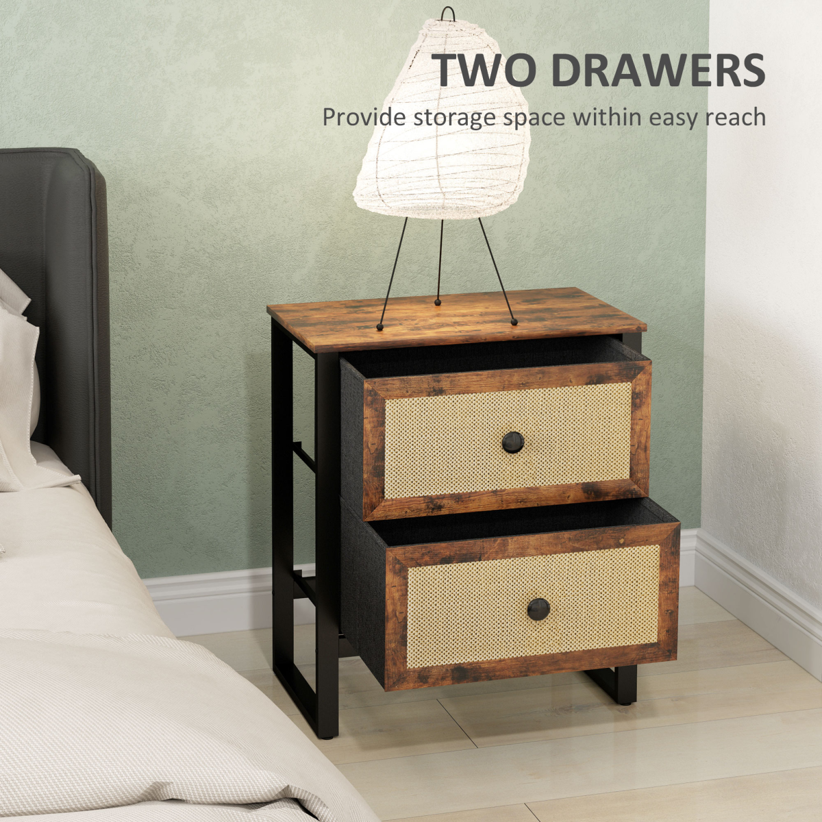 HOMCOM Bedside Table with 2 Rattan Drawers, Steel Legs and Adjustable Feet – Bedroom Storage, Rustic Brown