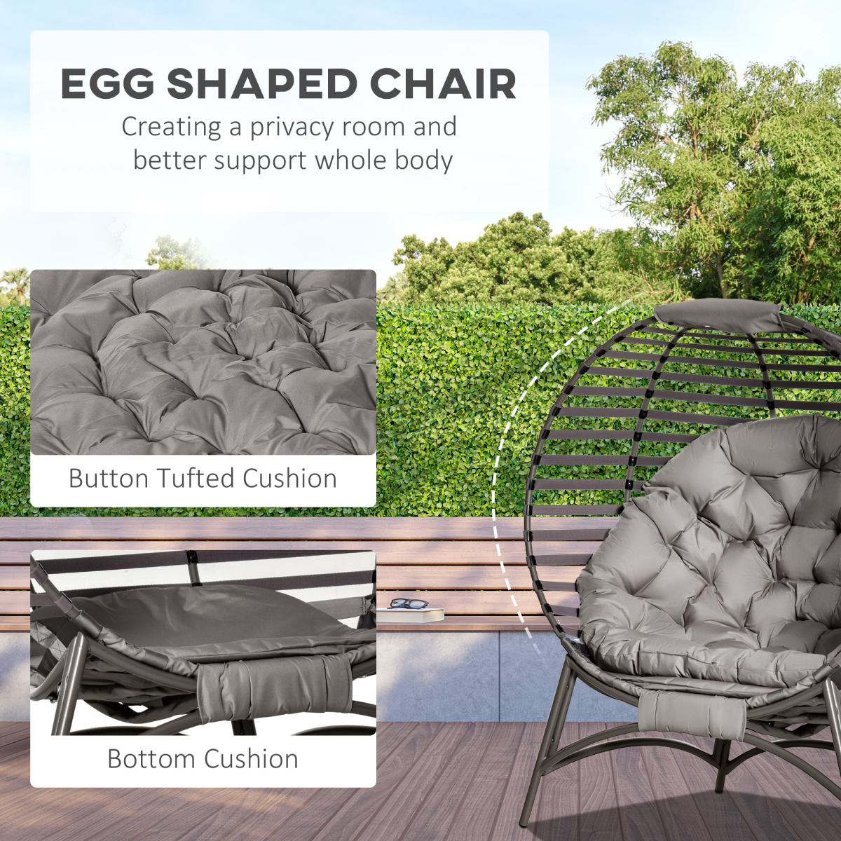 Outsunny Foldable Egg Chair with Padded Cushion, Steel Frame and Side Pocket – Indoor and Outdoor Lounge Seat