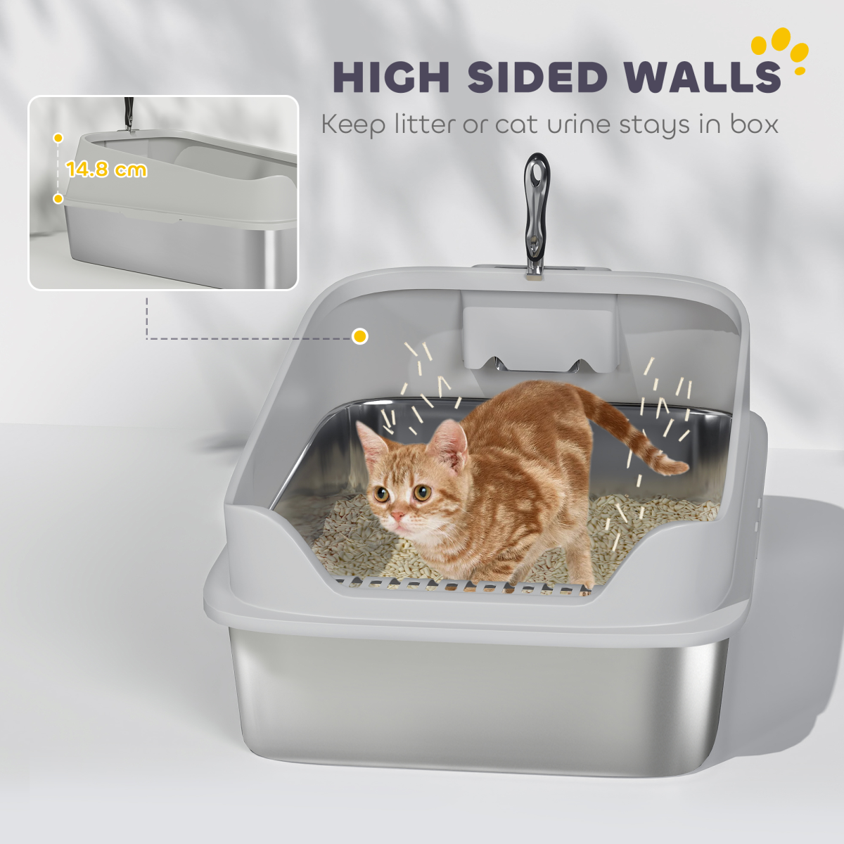 XXL Stainless Steel Cat Litter Box with Scoop, 14.8cm High Sides – Large Litter Tray for Cats up to 12kg & Multi-Cat Homes, Grey