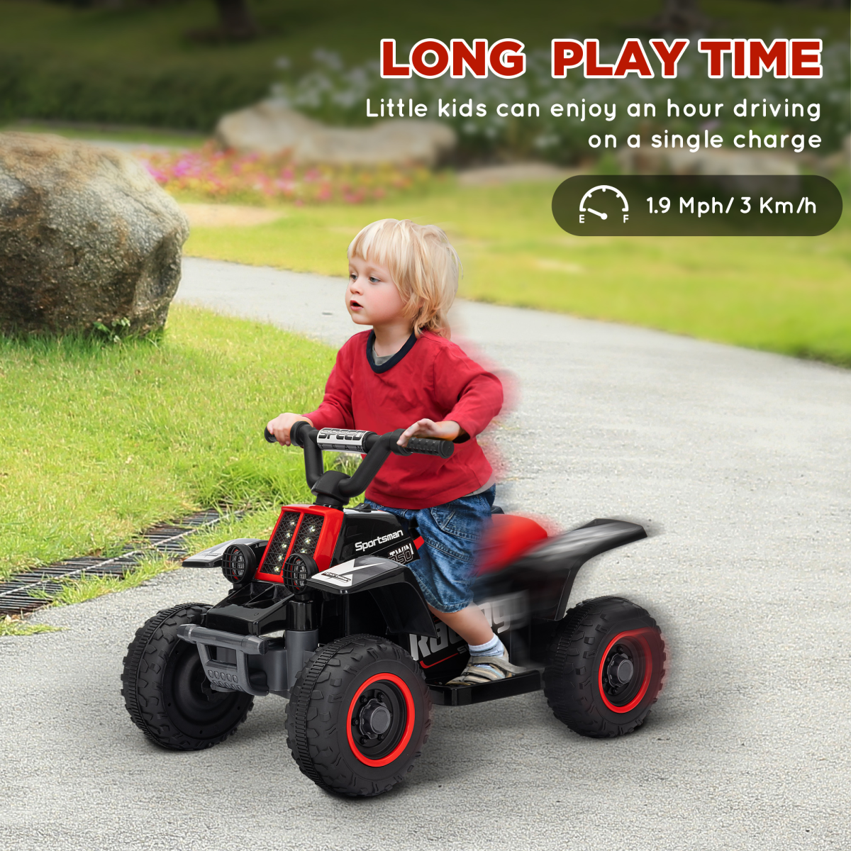 AIYAPLAY 6V Electric Quad Bike for Kids with Forward & Reverse, LED Headlights – Ride-On for Ages 18–36 Months, Black and Red
