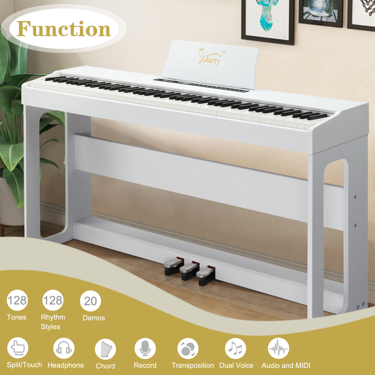 Glarry GDP-104 88 Key Weighted Digital Piano with Stand & Triple Pedals – Headphones Included, White
