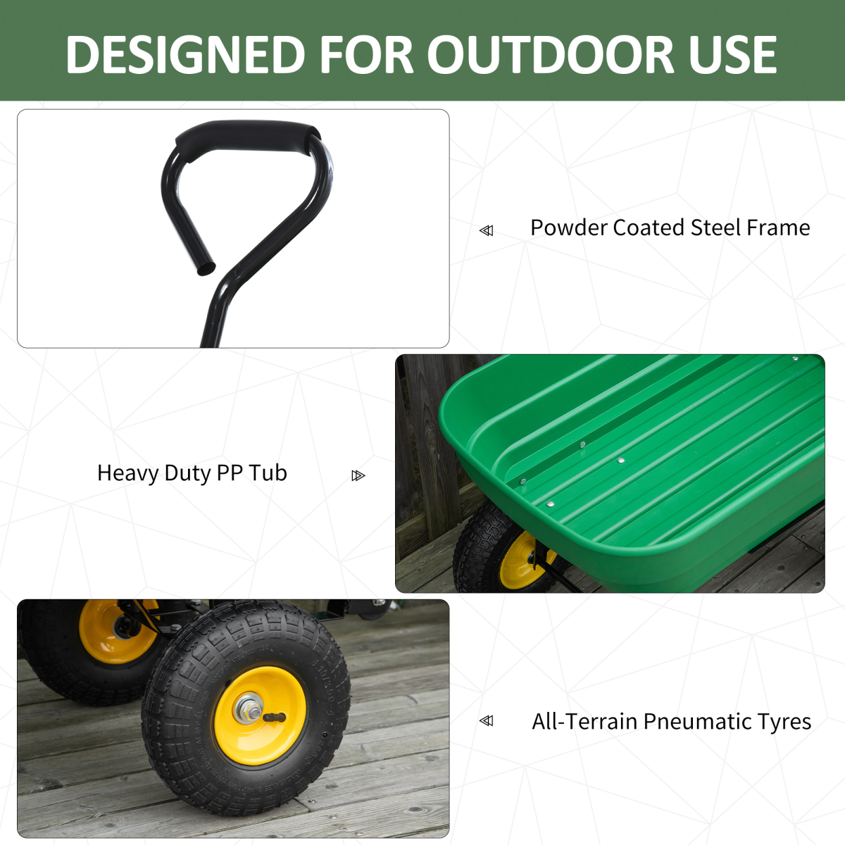 Outsunny 125L Heavy Duty 4-Wheel Garden Cart with Tipping Mechanism – Steel Trolley Wheelbarrow, Green