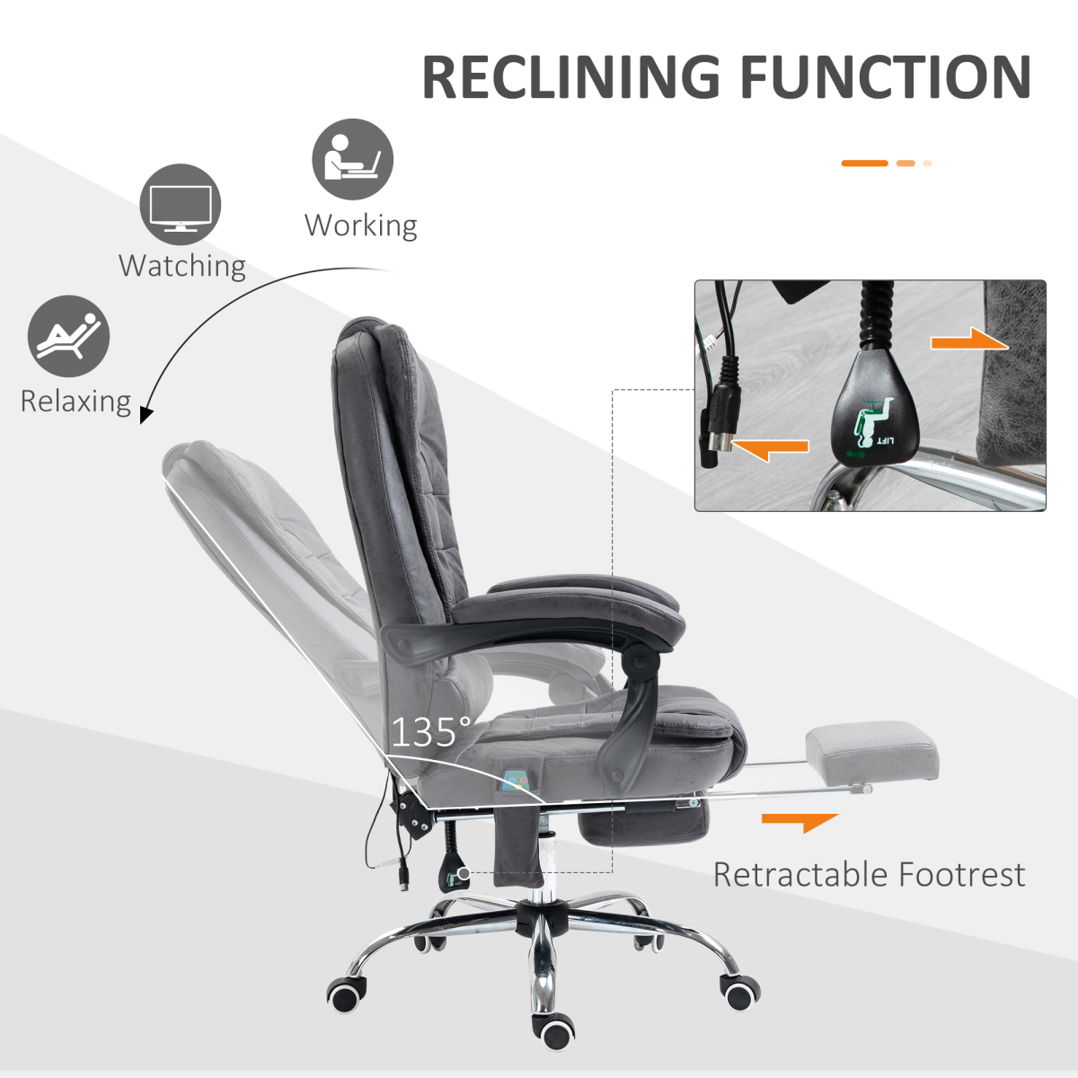 Vinsetto Heated Massage Office Chair with 6 Vibration Points – Reclining Chair with Footrest, Dark Grey