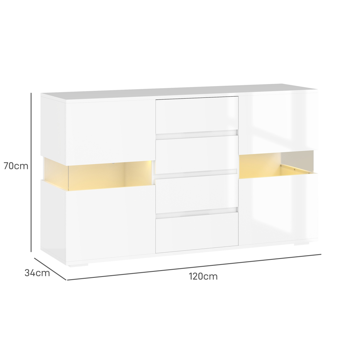HOMCOM LED High Gloss Sideboard with 4 Drawers & 2 Side Cupboards – Living & Dining Room Storage, White