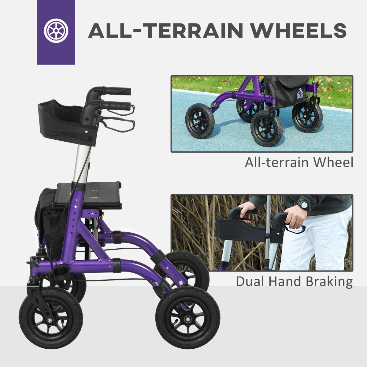HOMCOM All-Terrain Rollator Walker with Seat, Backrest & Storage Bag – Folding Aluminium Mobility Aid, Purple