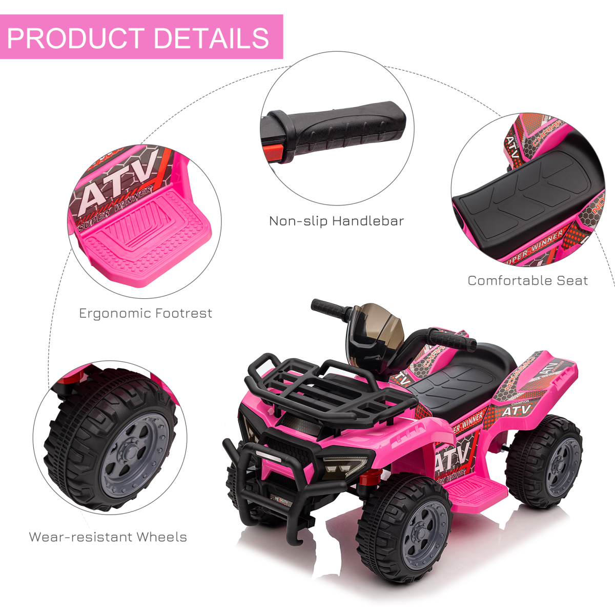 Kids Electric Ride-On Four Wheeler ATV Car with Music – Toddler Ride-On Toy for 18–36 Months, Pink