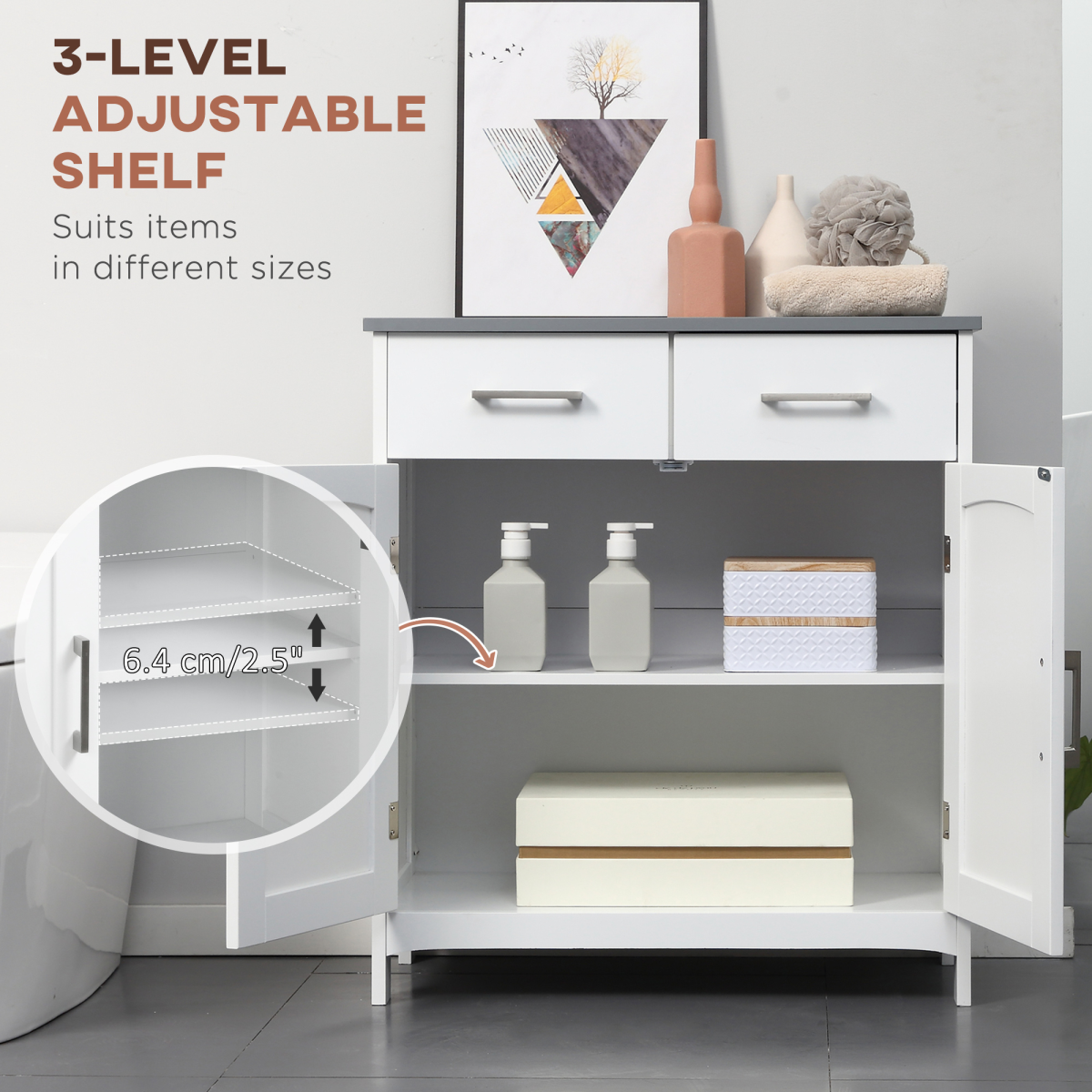 kleankin Freestanding Bathroom Cabinet with 2 Drawers, Cupboard & Adjustable Shelf – Bathroom Storage