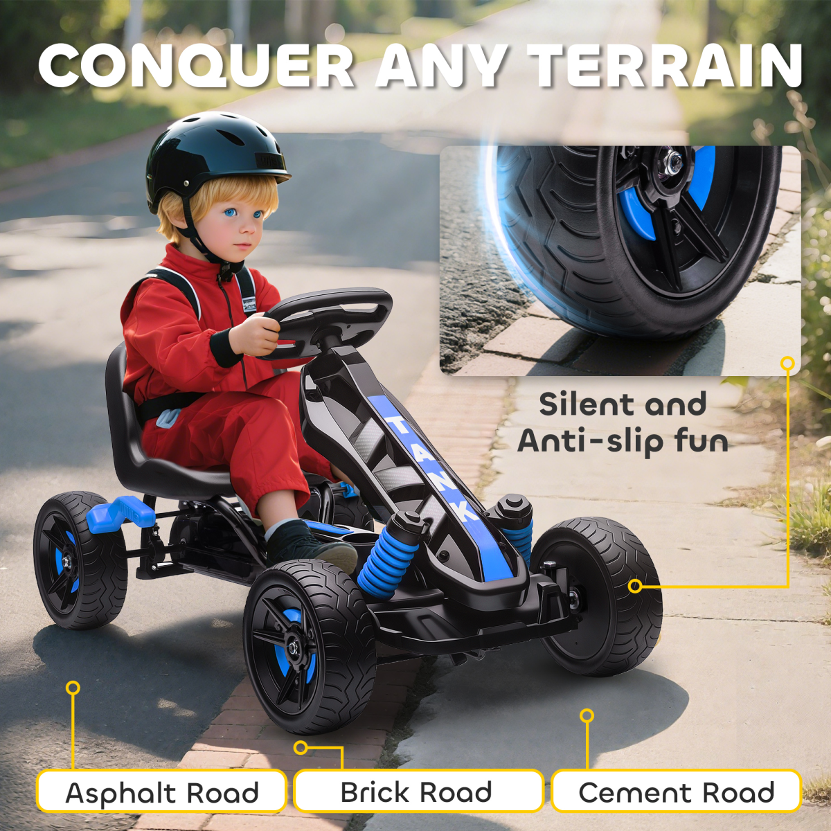 Kids Pedal Go-Kart with Freewheel, Forward, Reverse & Brake Controls and Cup Holder – Outdoor Ride-On, Blue