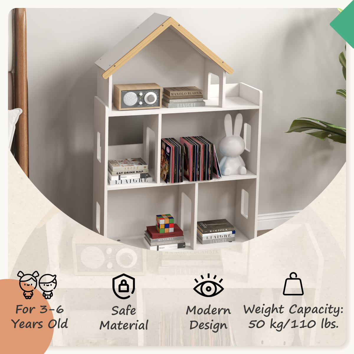 ZONEKIZ 3 Tier Kids Toy Storage Shelf with 6 Cubbies and Solid Wood Feet for Playroom or Bedroom, White