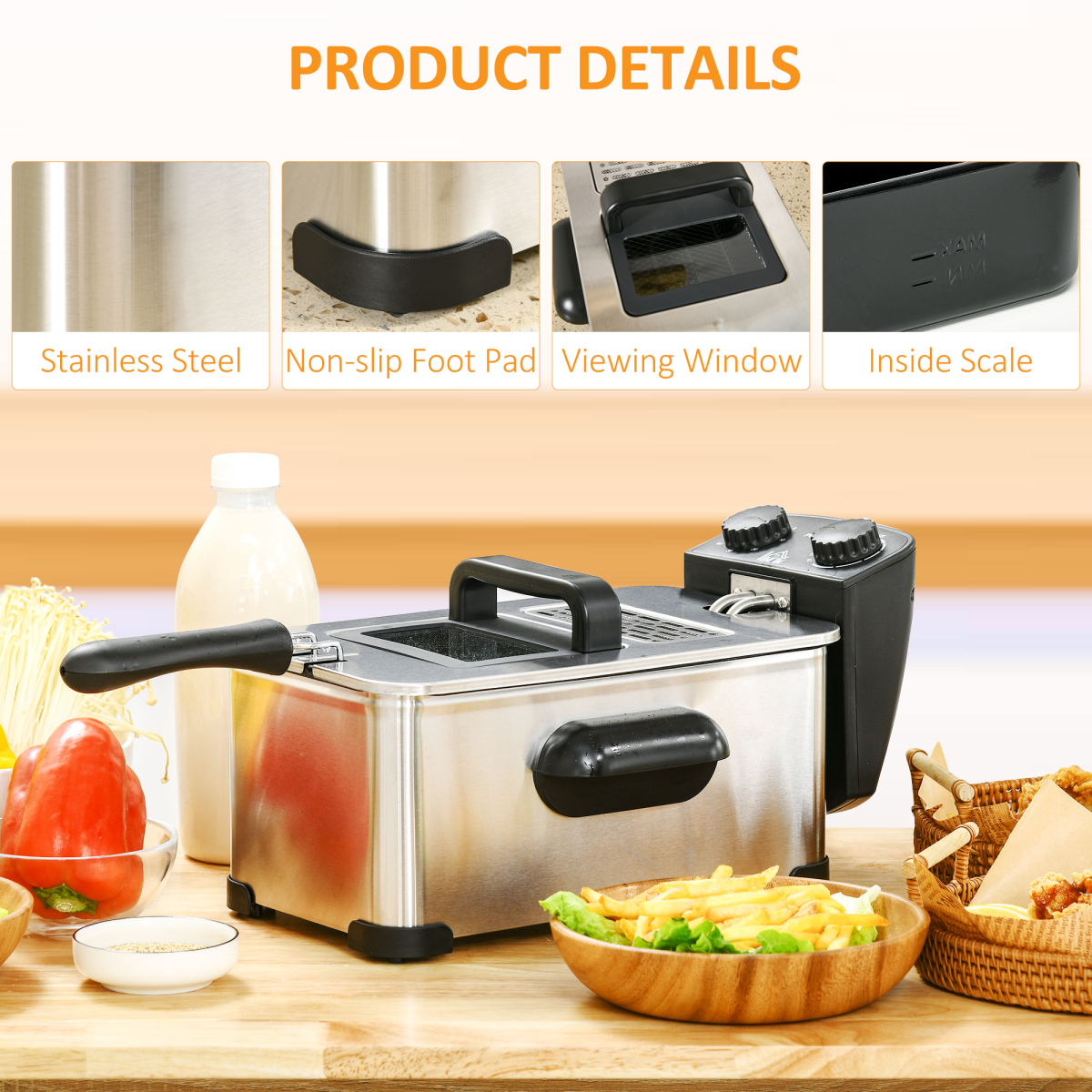 HOMCOM 3L Deep Fat Fryer with Adjustable Temperature & 60-Min Timer, Viewing Window – 2000W