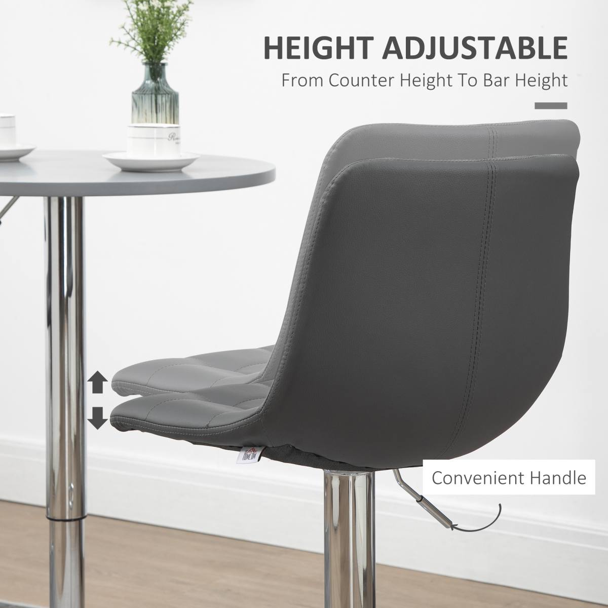 HOMCOM Set of 2 Adjustable Swivel Breakfast Bar Stools with Footrest – Soft Grey Upholstery