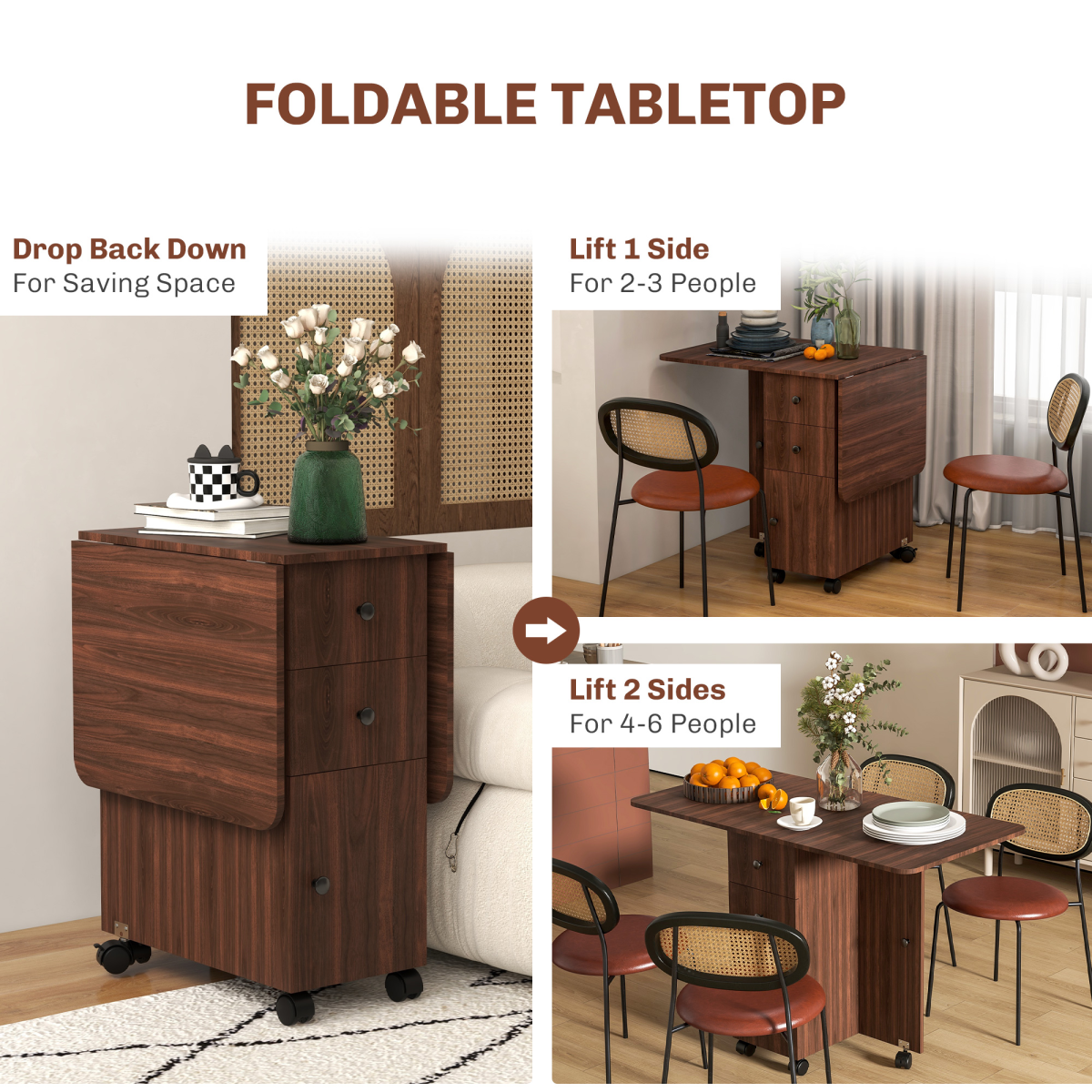 HOMCOM Folding Drop Leaf Dining Table with Drawers, Cupboard & Shelf – Space-Saving Kitchen Table, Distressed Brown