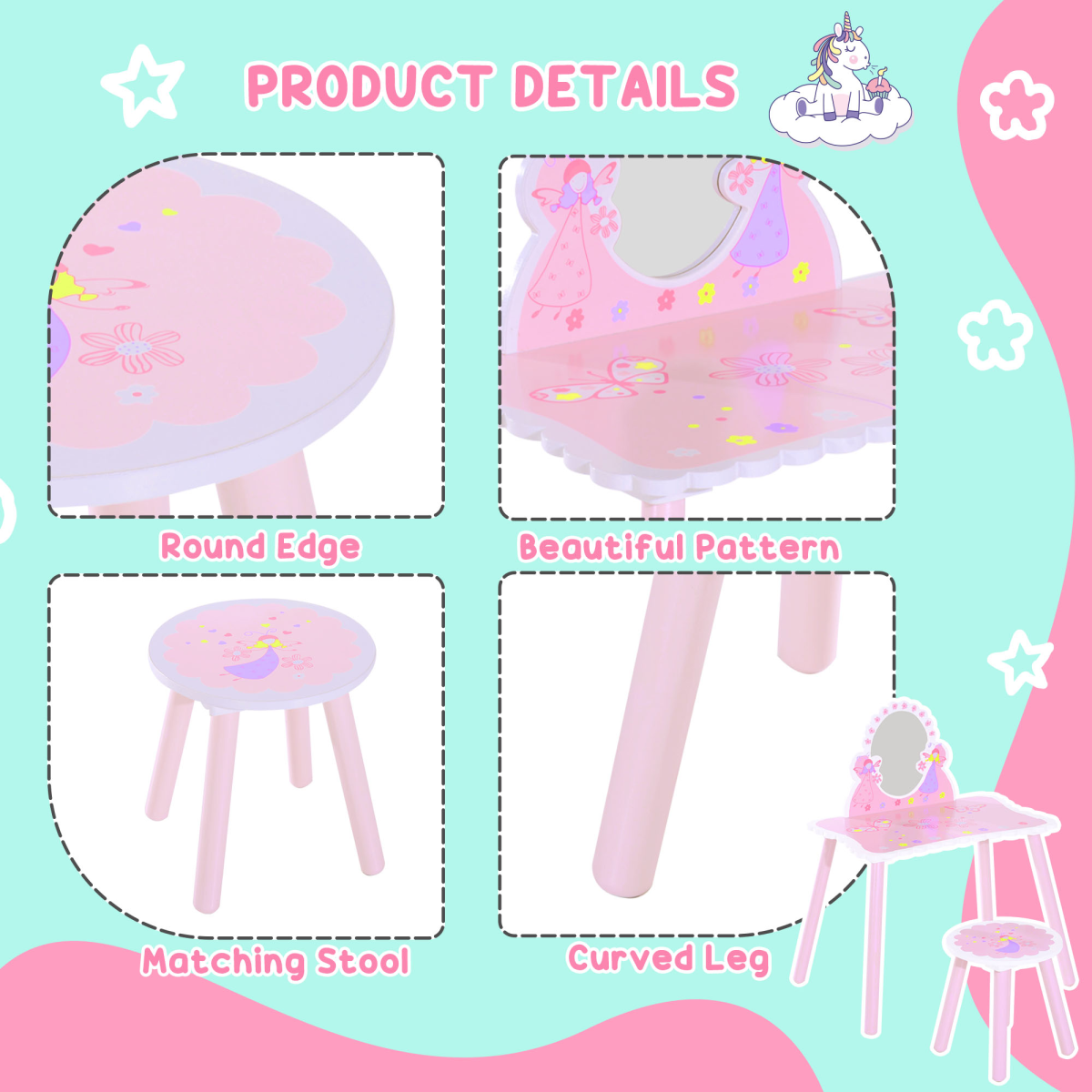 HOMCOM Kids Dressing Table and Chair Set with Mirror – Pink Make-Up Play Desk with Butterfly Patterns