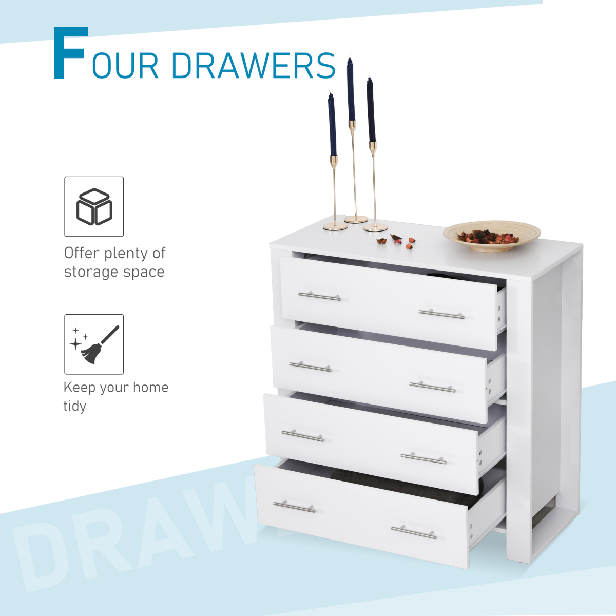 Chest of 4 Drawers with Metal Handles – White Bedroom & Hallway Storage Unit