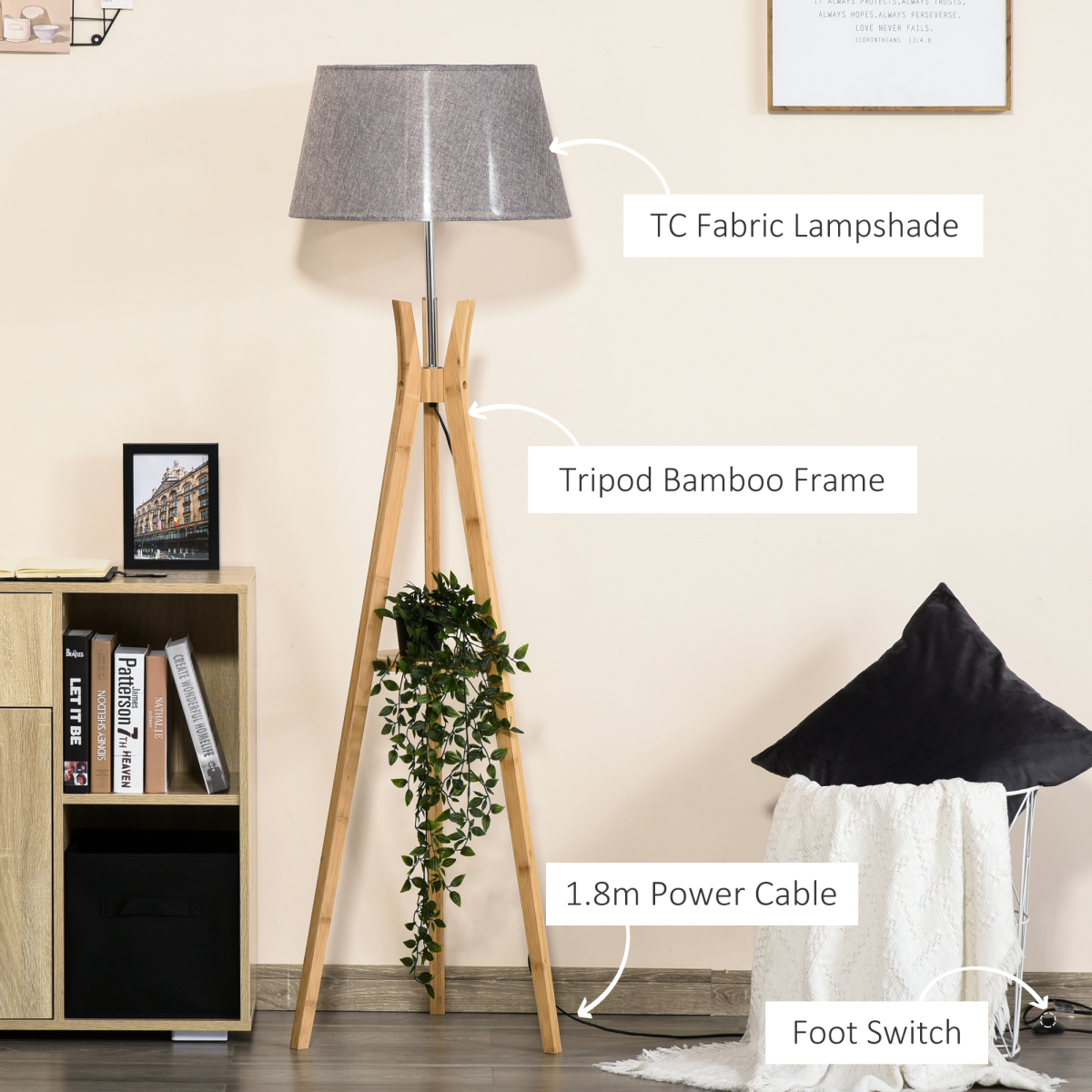 HOMCOM Tripod Floor Lamp with Fabric Shade & Built-In Storage Shelf – Living Room Standing Light, Grey
