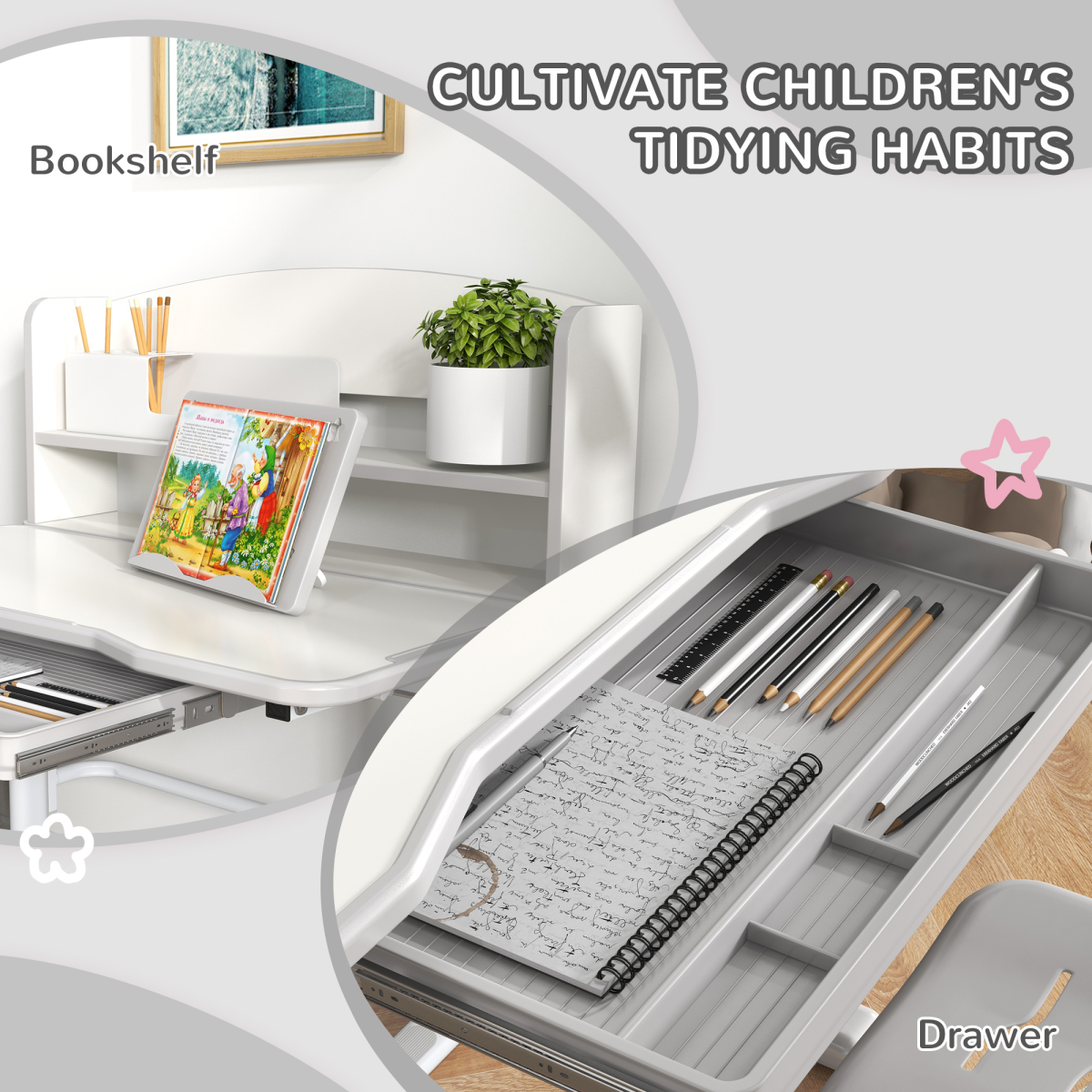 ZONEKIZ Height Adjustable Kids Desk and Chair Set with Drawer & Bookshelf – Tilting Study Desk, Grey