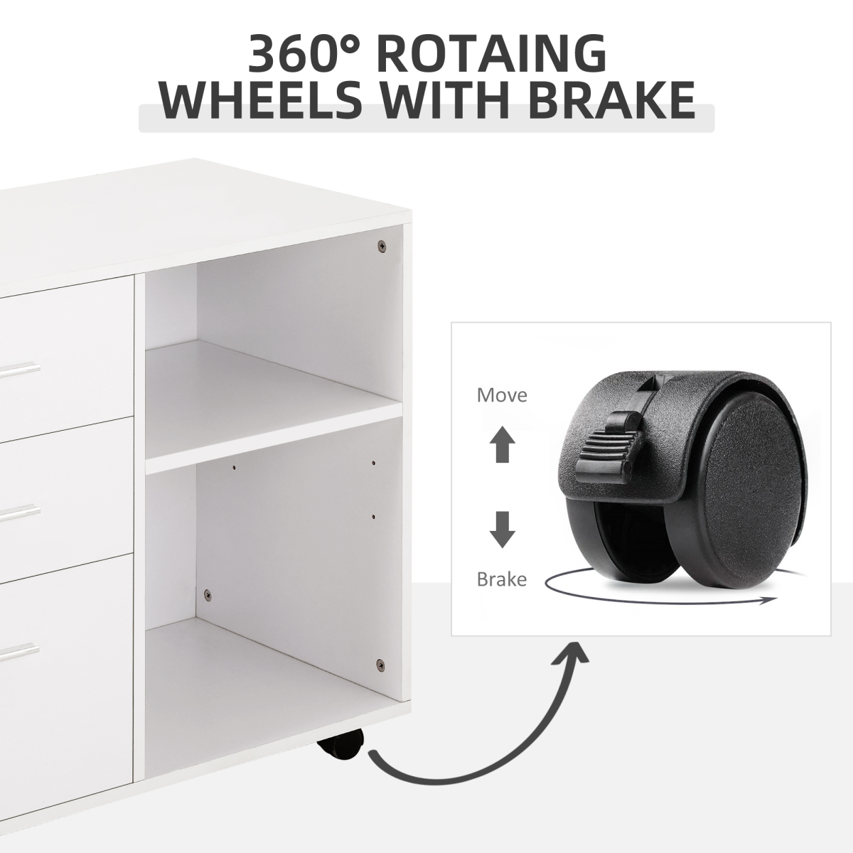 Freestanding Mobile Storage Cabinet with 3 Drawers, 2 Open Shelves & Wheels – Home Office Organiser, White