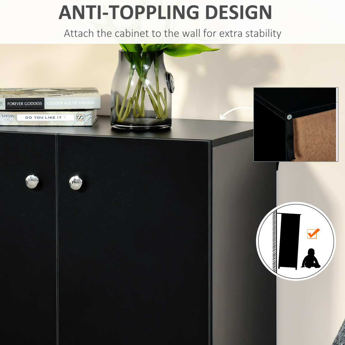HOMCOM Freestanding Storage Cabinet with 2 Shelves – Wooden Sideboard for Bedroom or Office, Black