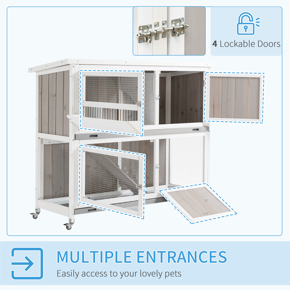PawHut Two-Tier Wooden Rabbit Hutch with Ramp, Wheels, Trough & Rain Cover – Outdoor Pet House, Grey