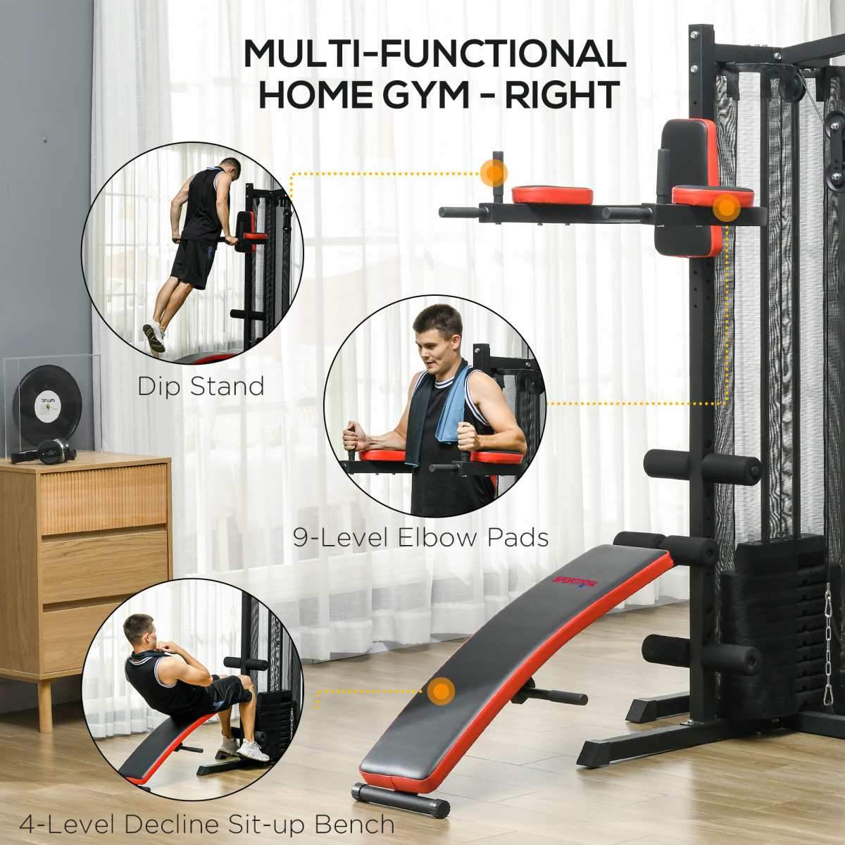 Outsunny Multi Gym Workout Station with 65kg Weight Stack, Sit Up Bench, Push Up Stand & Dip Station – Home Gym, Black