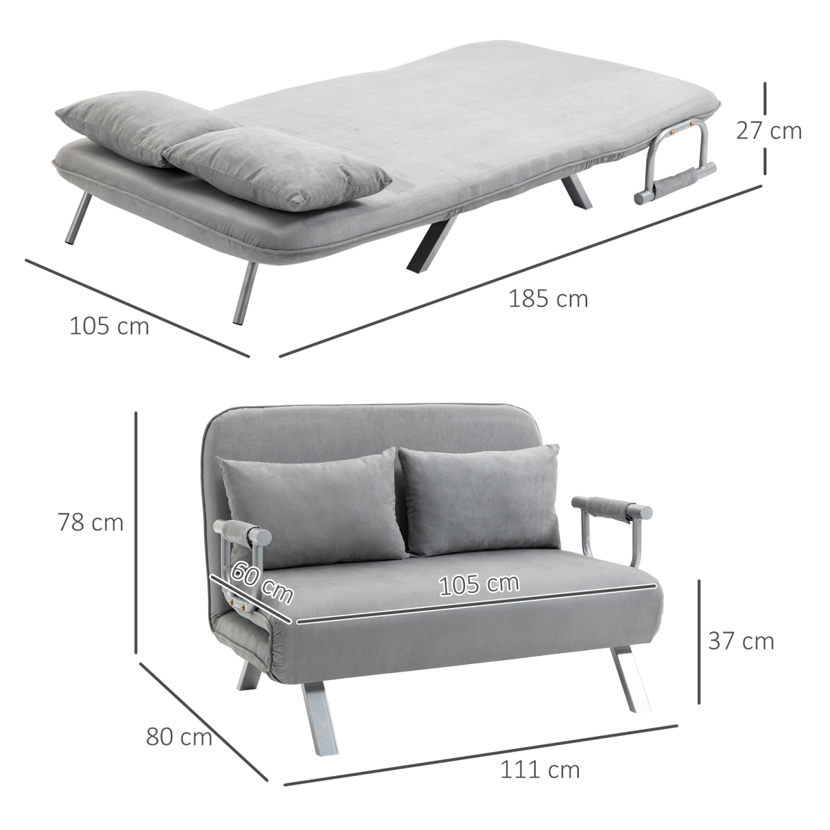 HOMCOM Fabric Click-Clack 2 Seater Sofa Bed with 2 Pillows – Converts to Double Bed, Light Grey