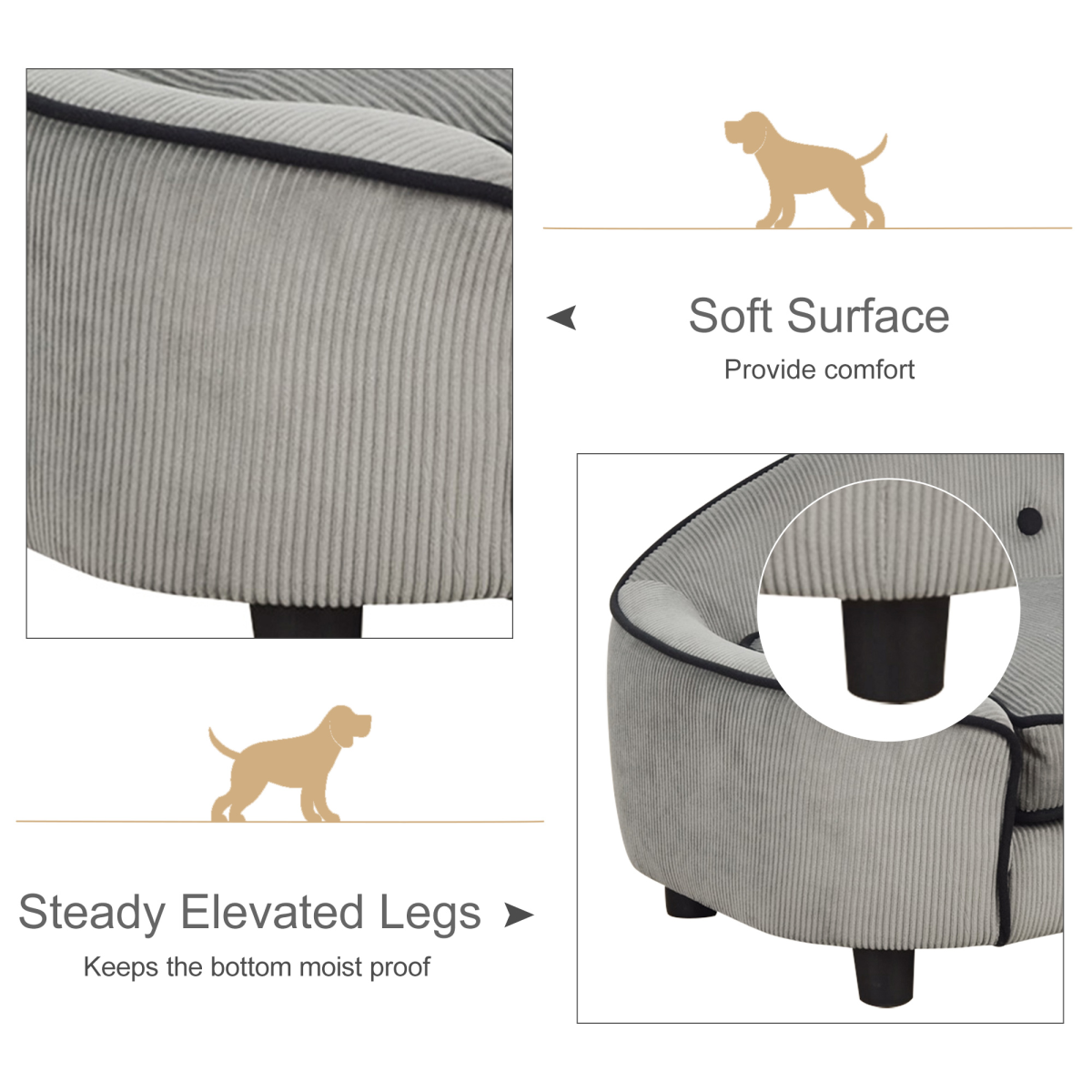 PawHut Dog Sofa Bed Pet Chair with Padded Sponge Cushion for XS and S Dogs – Wooden Frame, Grey
