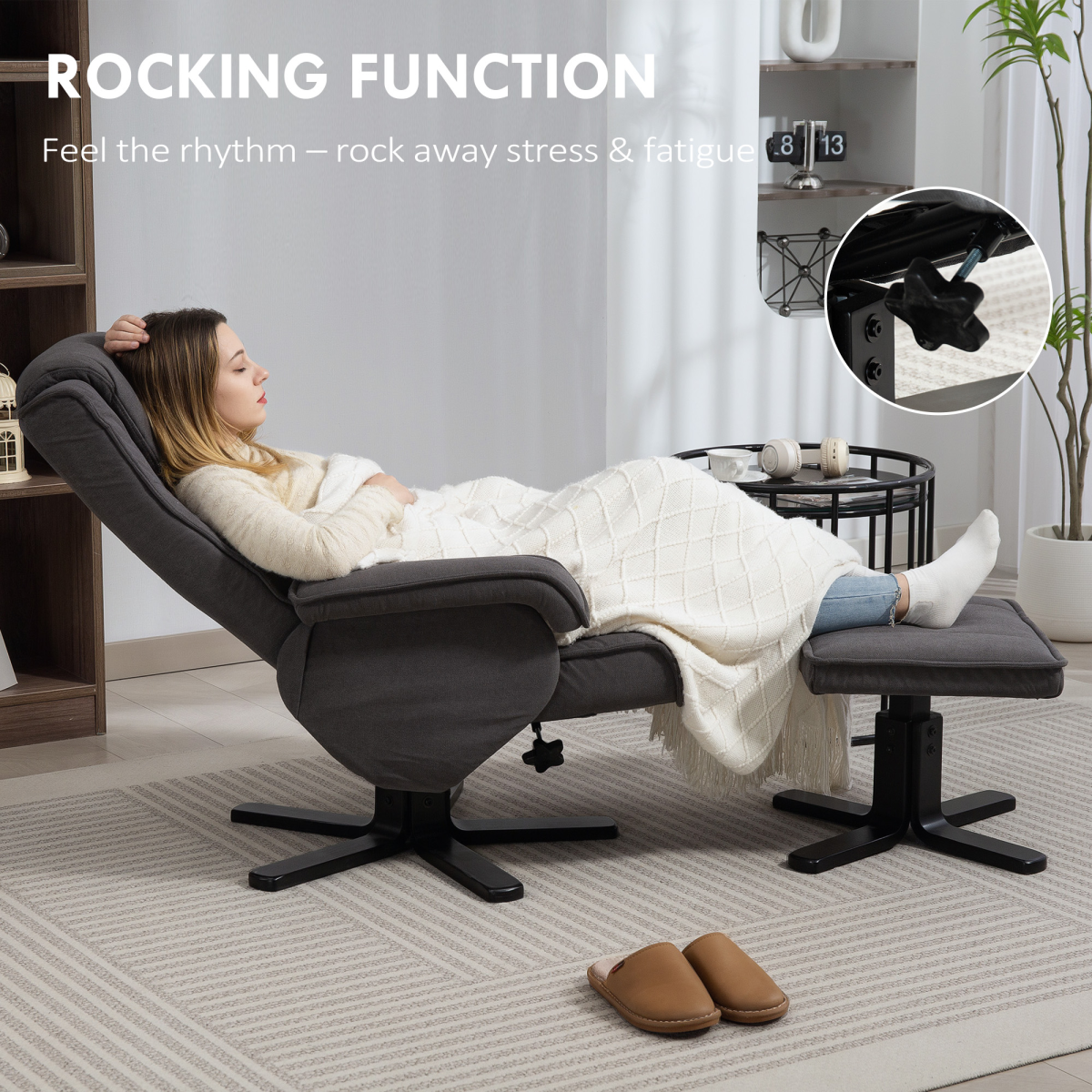 Swivel Recliner Chair with Footstool, 135° Manual Recline & Velvet-Feel Fabric – Armchair, Charcoal Grey