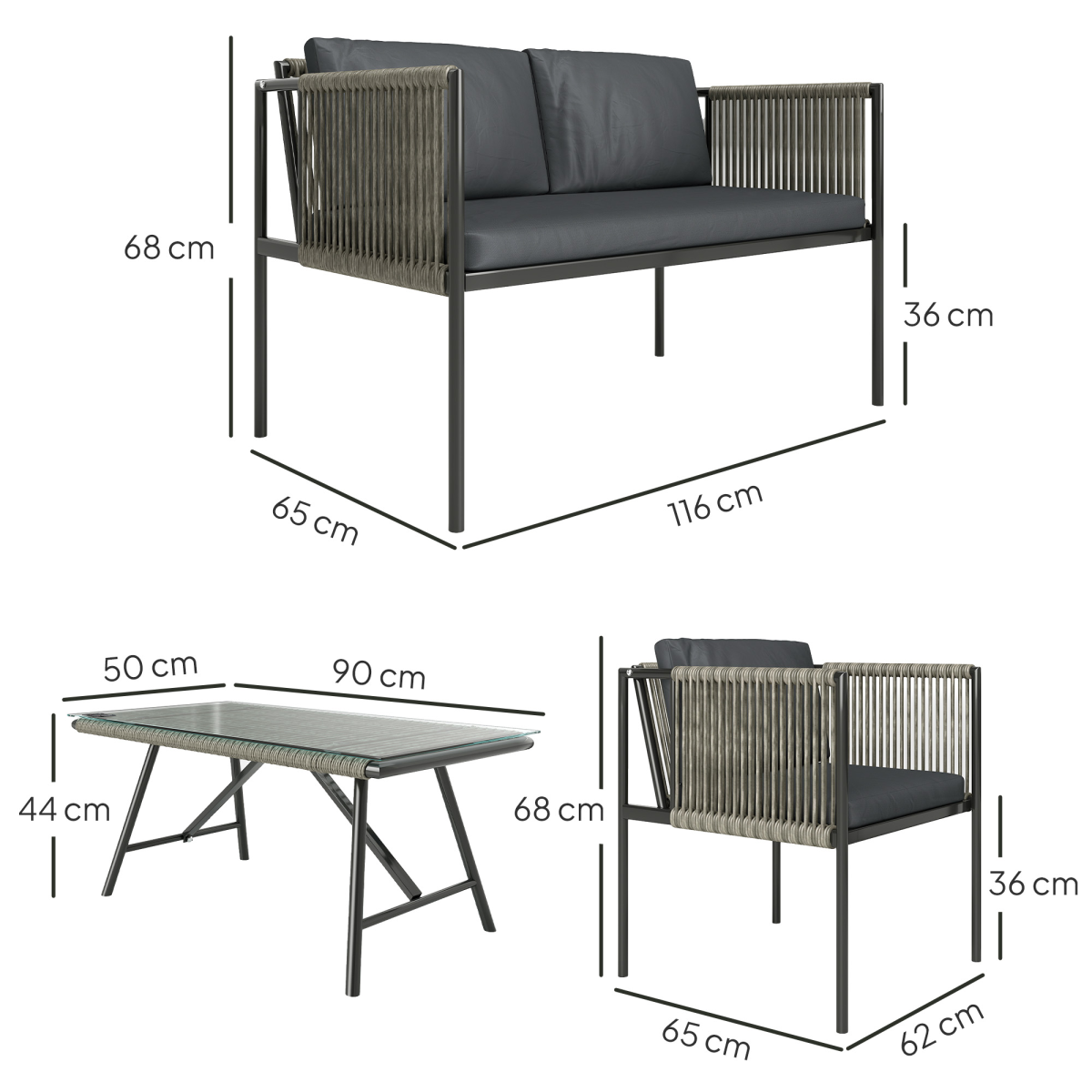 Outsunny 4 Seater Rattan Garden Furniture Set with Tempered Glass Coffee Table – Outdoor Sofa Set, Grey