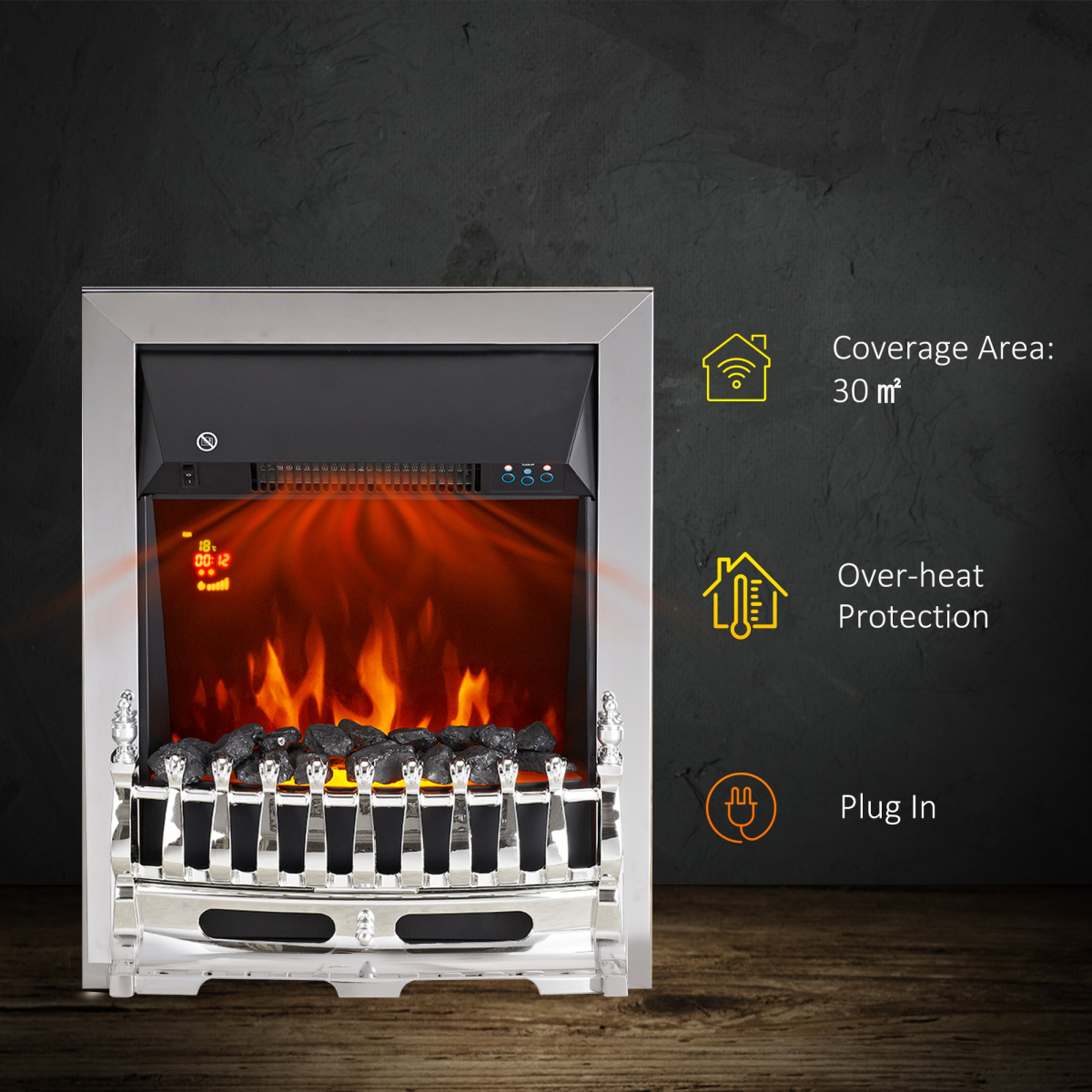 HOMCOM LED Flame Electric Fire with 1000W/2000W Heat and Coal Effect – Embedded Fireplace, Silver