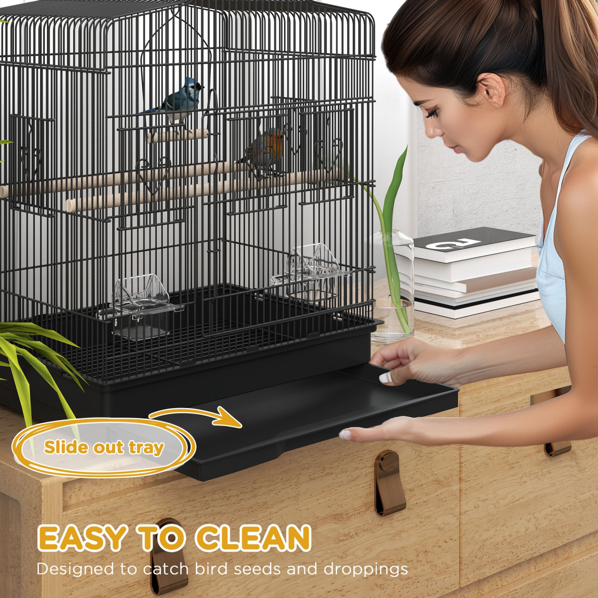 PawHut 59cm Large Bird Cage with Stand, Perches, Food Bowls & Swing – Powder-Coated Steel Aviary, Black