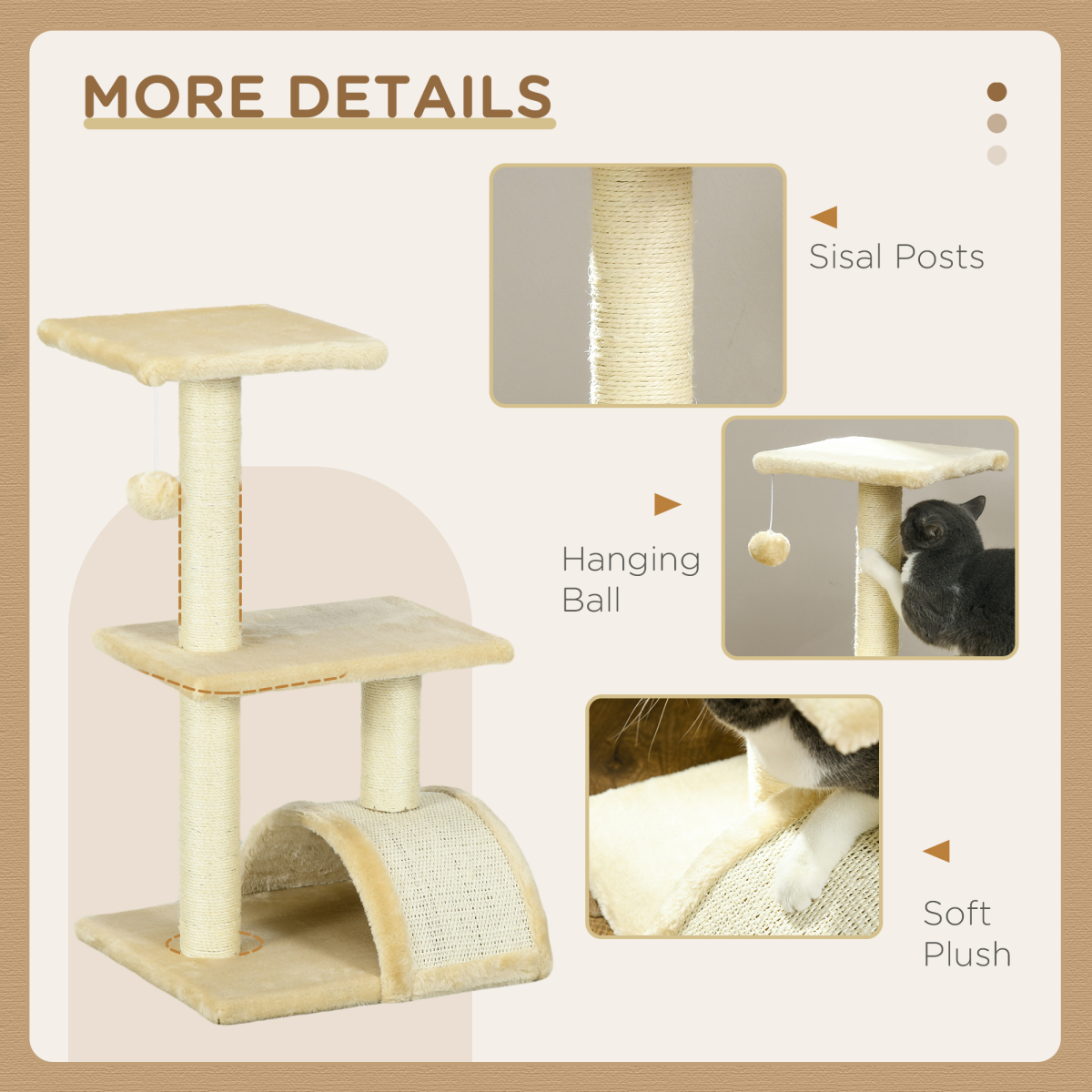 PawHut 72cm Cat Tree Climbing Tower with Sisal Scratching Post and Arc Scratching Pad, Cream White