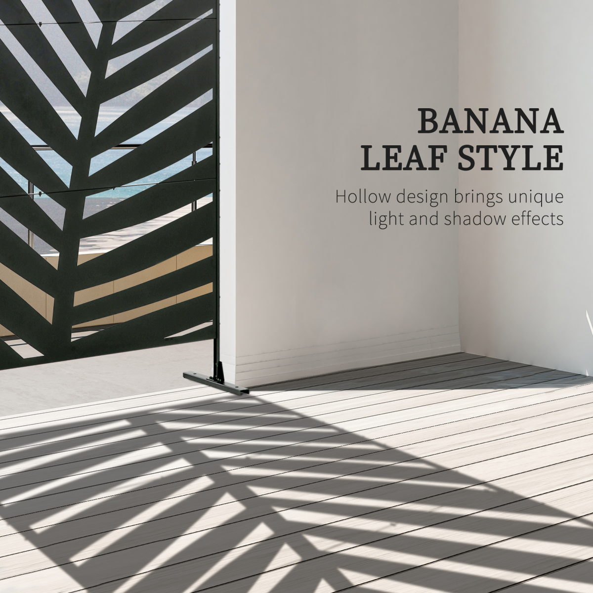 Outdoor Privacy Screen with Banana Leaf Design, 3-Panel Steel Frame – Garden & Patio Divider, Black