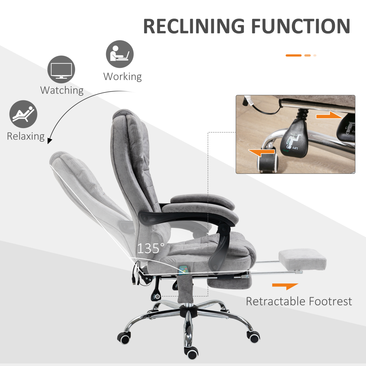 Vinsetto Heated Massage Office Chair with 6 Vibration Points & Footrest – Reclining Home Office Chair, Grey