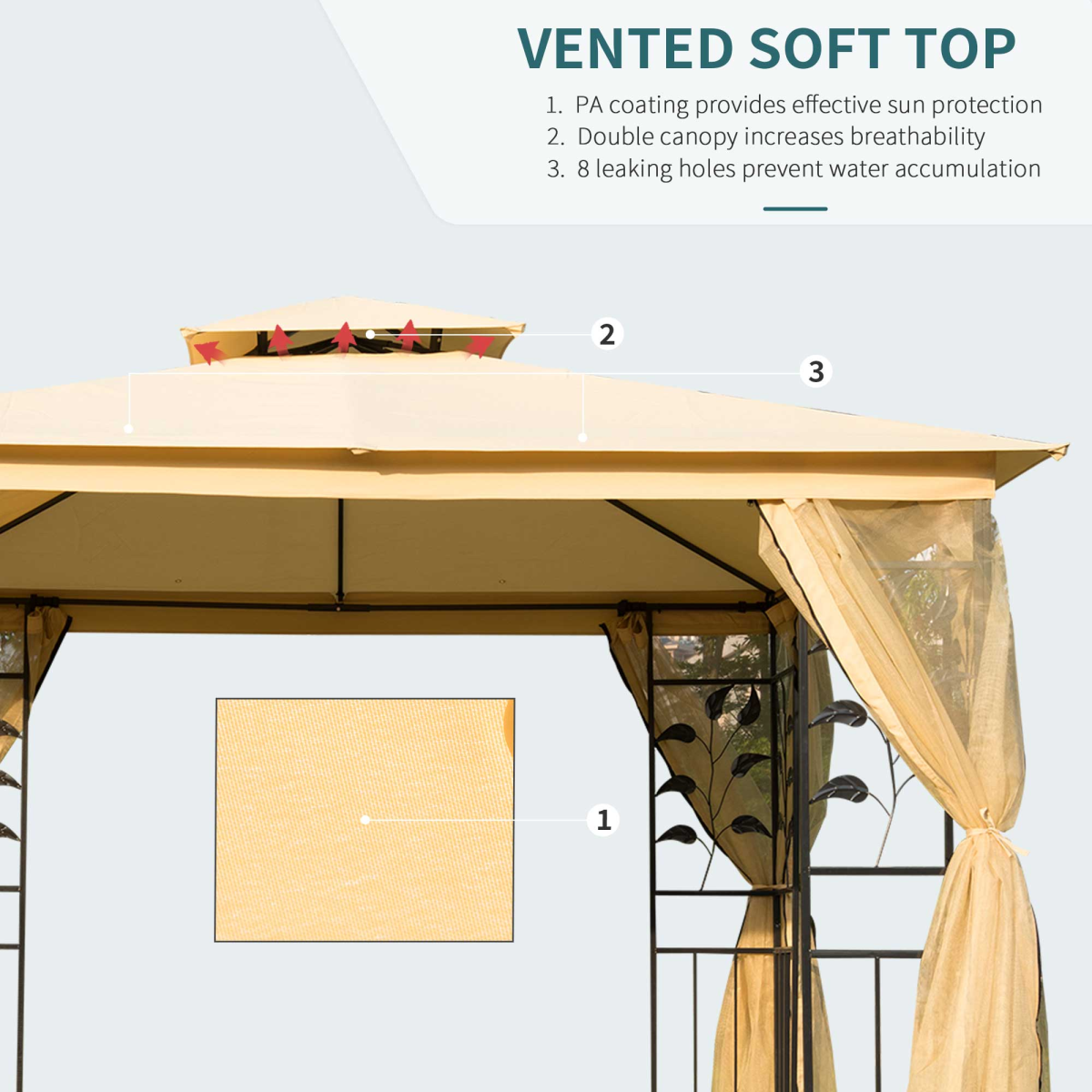 Outsunny 3x3m Double Tier Gazebo with Mesh Sidewalls & Steel Frame – Garden Party Netting Shelter, Beige