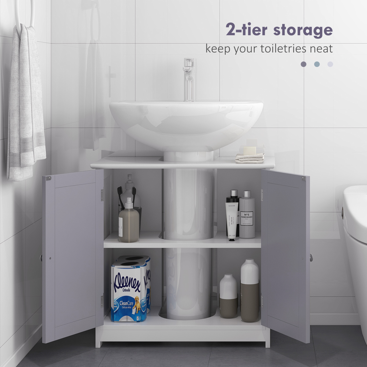 Kleankin 60 x 60cm Under-Sink Storage Cabinet with Double Doors & Adjustable Shelf – Grey and White
