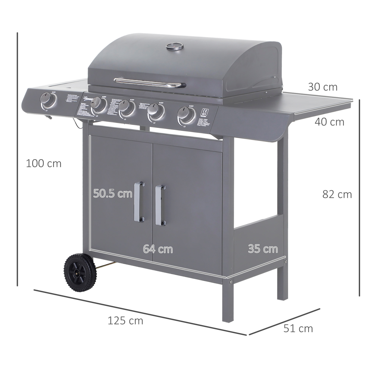Outsunny 5-Burner Gas BBQ Grill with Stainless Steel Burners, Side Burner & Side Table – Outdoor Cooking, Grey
