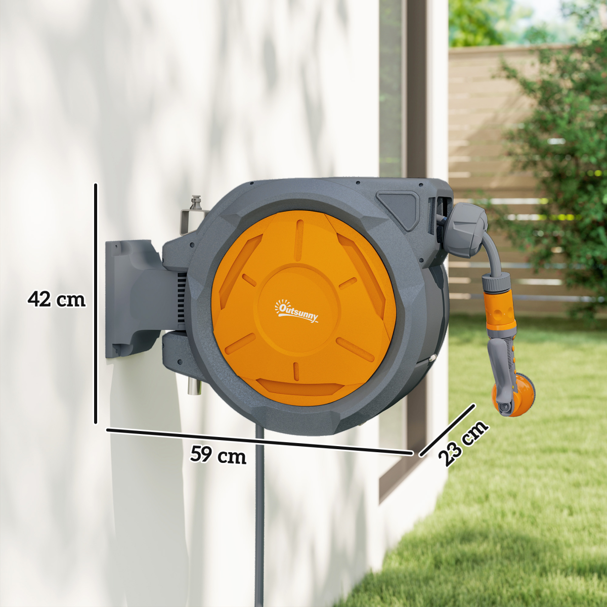 Outsunny 30m Retractable Garden Hose Reel with Lock, Wall Mounted – 7 Watering Patterns, Orange