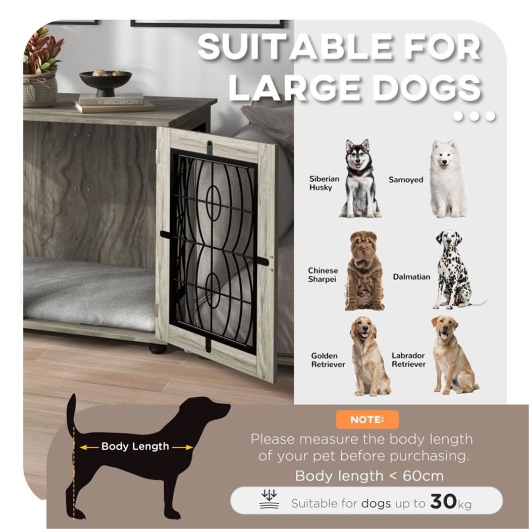 Dog Crate Furniture Side Table with Cushion & Lockable Door – For Large Dogs up to 30kg, Grey Wood Effect
