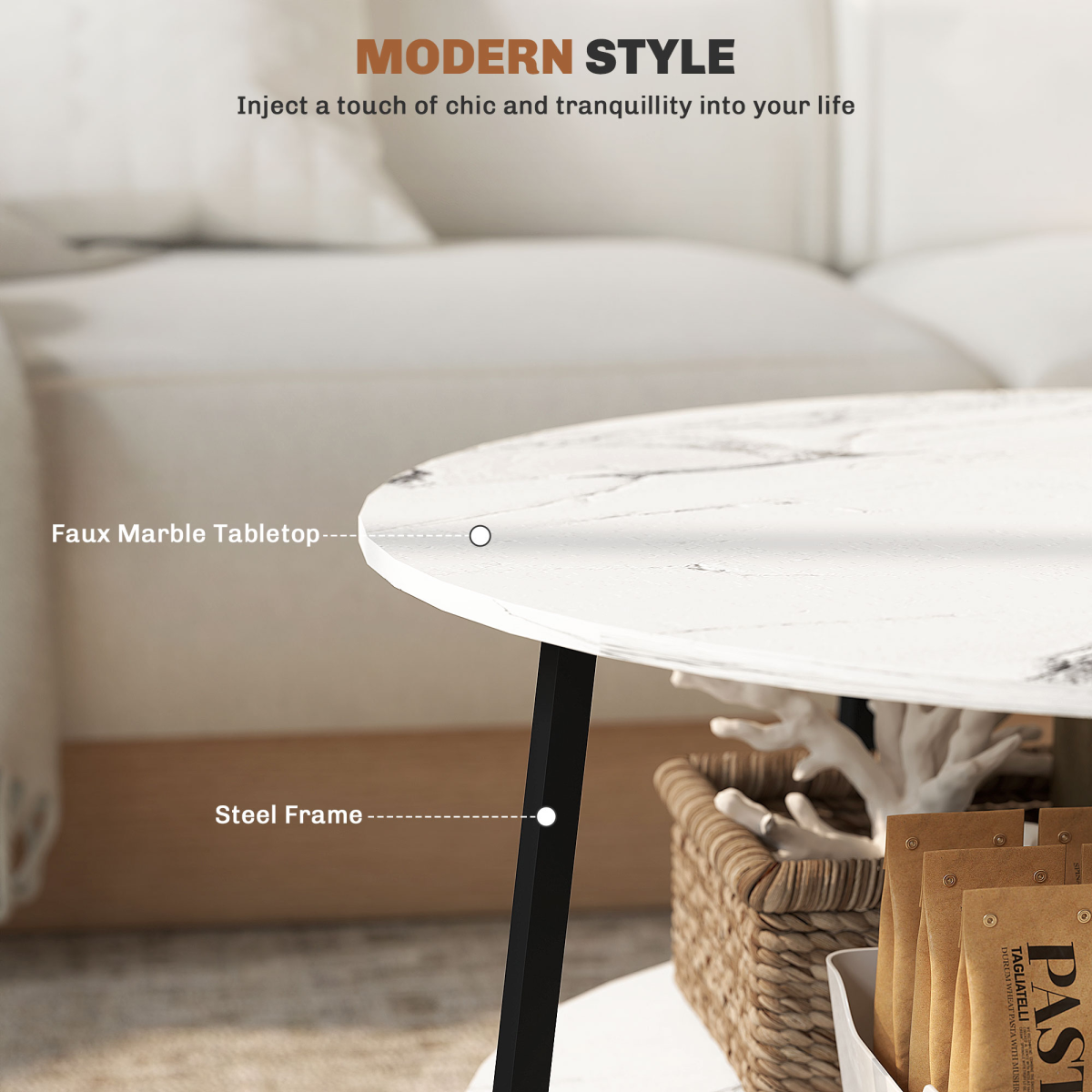 HOMCOM Round Coffee Table with Storage Shelf and Marble-Effect Top, 80cm – Steel Frame Living Room Table, White