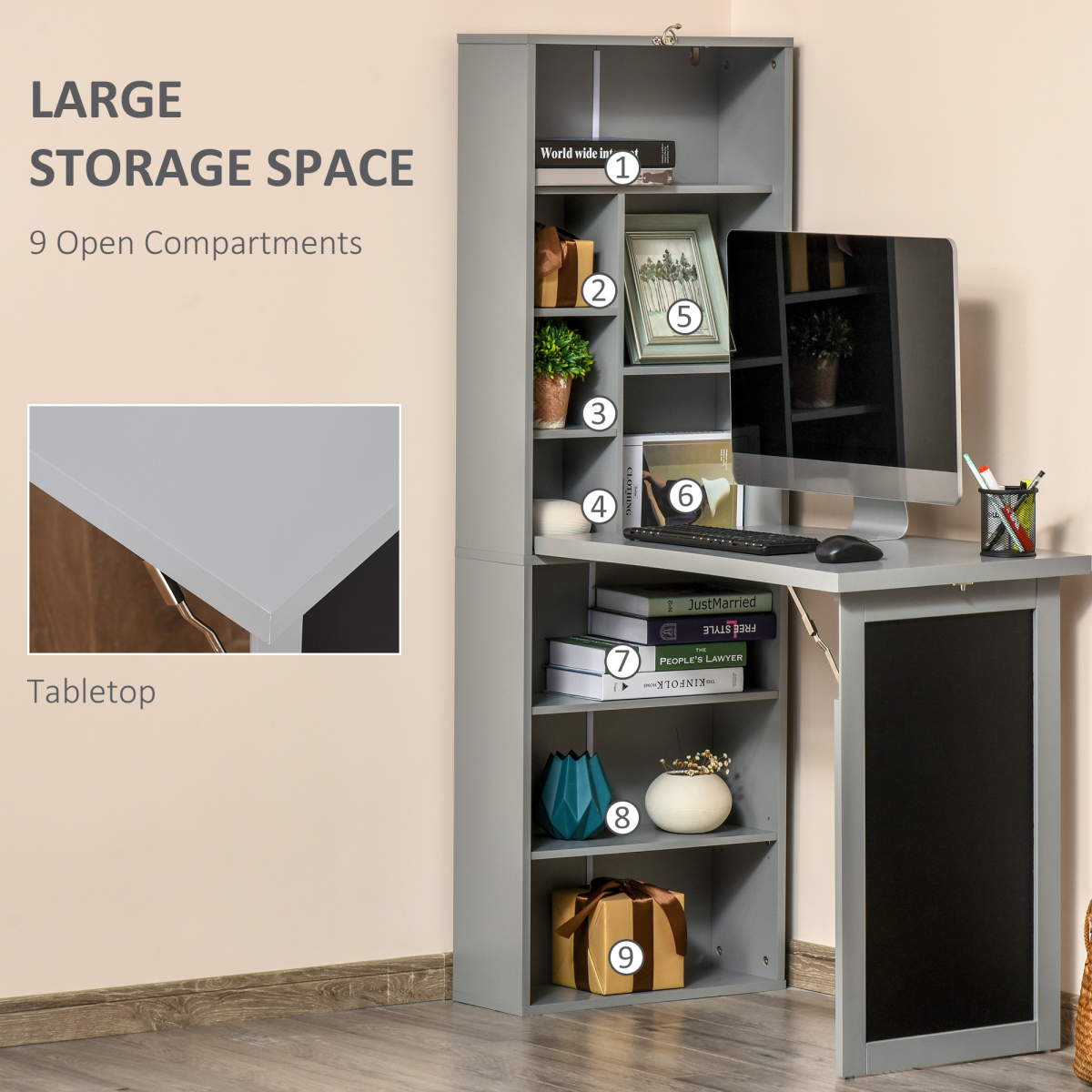 Folding Convertible Desk with Bookcase & Blackboard – 3-in-1 Workstation for Home Office and Kids' Room