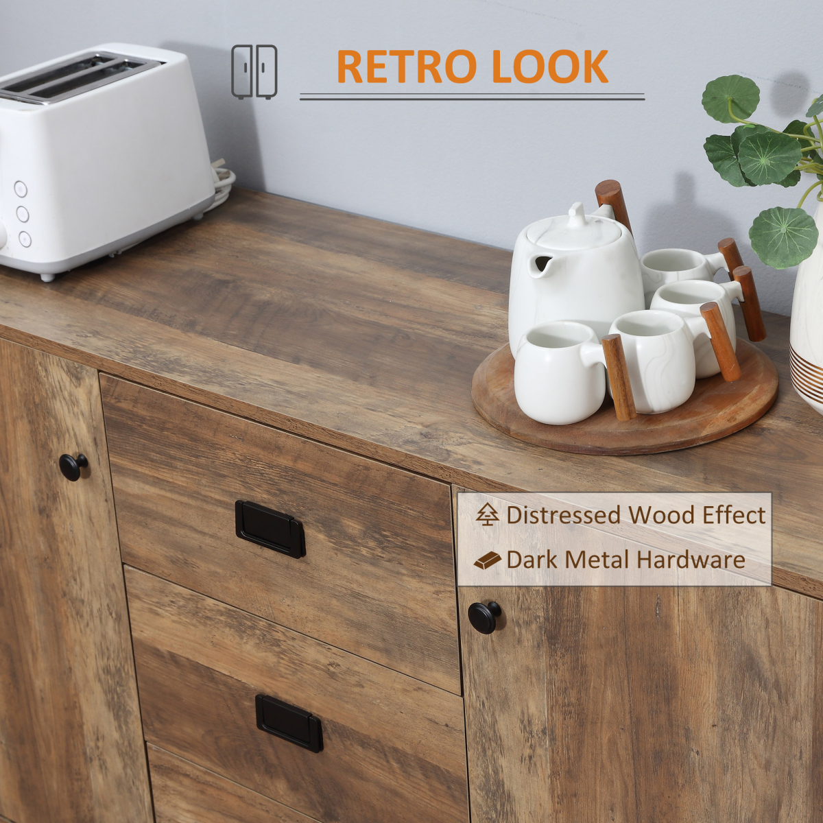 HOMCOM Industrial Sideboard Storage Cabinet with 3 Drawers & 2 Cabinets – Distressed Brown