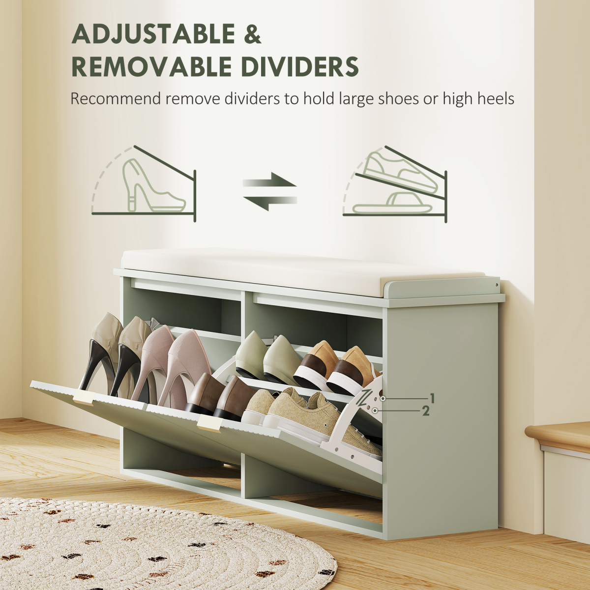 Shoe Storage Bench with Cushioned Seat & 2 Drawers for 10 Pairs – 104cm Hallway Shoe Cabinet, Green and Beige