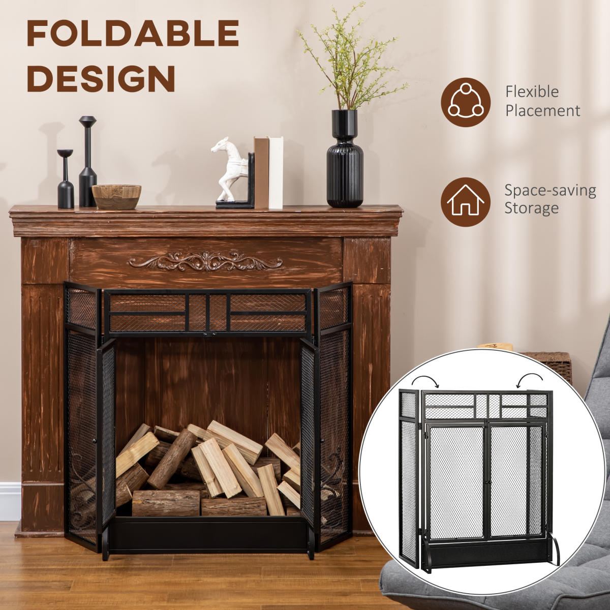 HOMCOM 3-Panel Folding Fireplace Screen with Spark Guard and Metal Mesh Fireguard – Double Access Door, Black