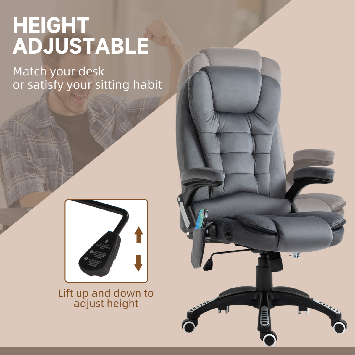 Executive Reclining Office Chair with Heated Massage, Padded Headrest & Swivel Base – Home Office, Grey