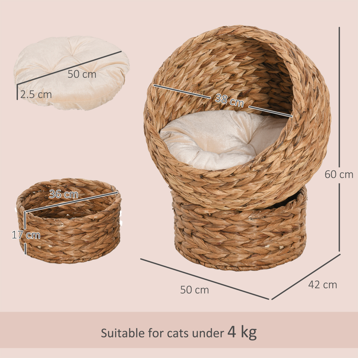 PawHut Elevated Hooded Rattan Cat House with Cushion, Water Hyacinth – Cat Basket Bed, Brown