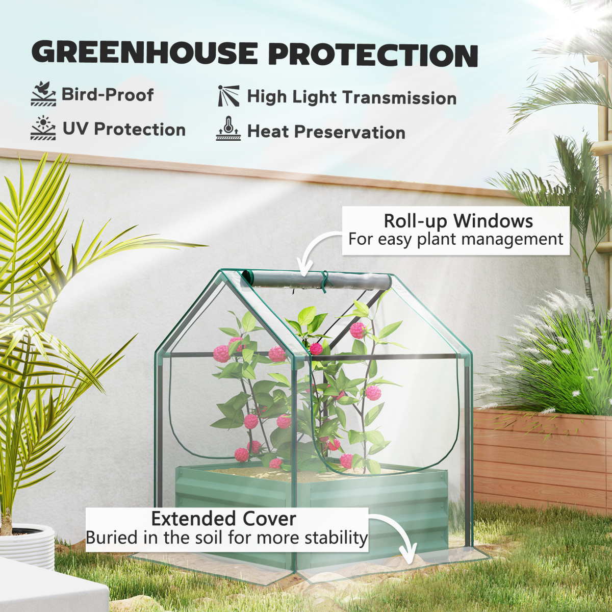 Outsunny Raised Garden Bed Planter with Clear Greenhouse Cover & 2 Roll-Up Windows – Clear & Green