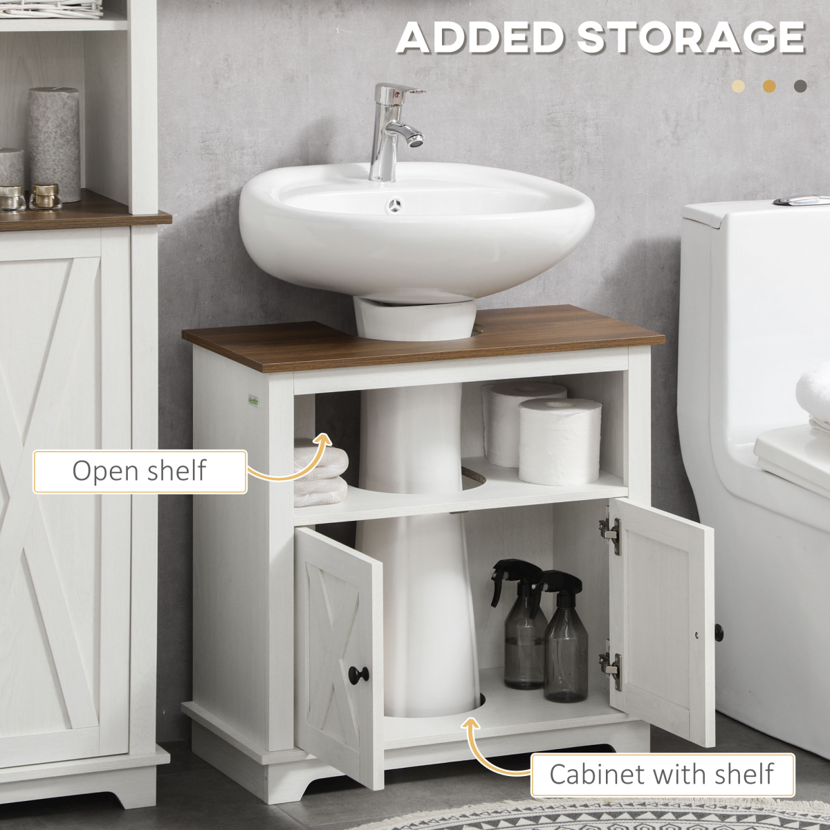 kleankin Freestanding Under Sink Bathroom Cabinet with Double Doors and Open Shelf – Farmhouse Style, White